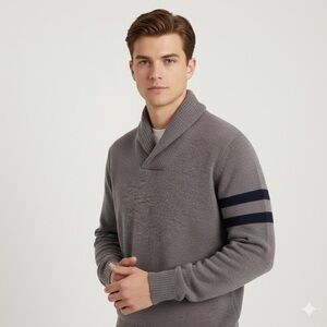 Heritage 1981 Big Hug Lambs Wool Shawl Collar Sweater Gray w/Navy Blue Stripes